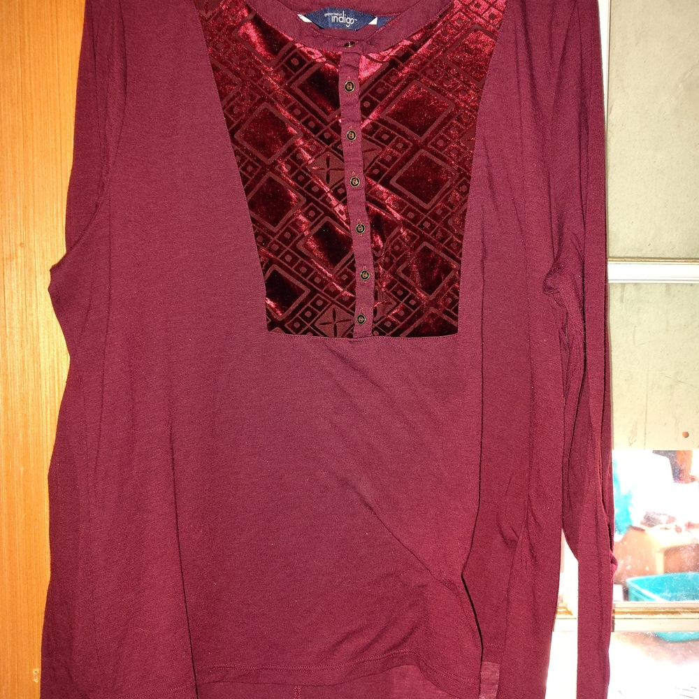 Indigo Red Long Sleeve Blouse with Geometric Velvet Detail